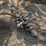 S925 Silver Serpent Cross Pendant Necklace with Green Gemstone