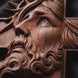 Handcrafted Beechwood Cross: Jesus with the Crown of Thorns