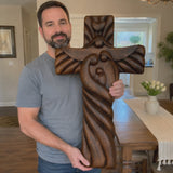 Holy Family wood icon decoration, Joseph, Mary, Baby Jesus, carved wooden cross, wall decoration
