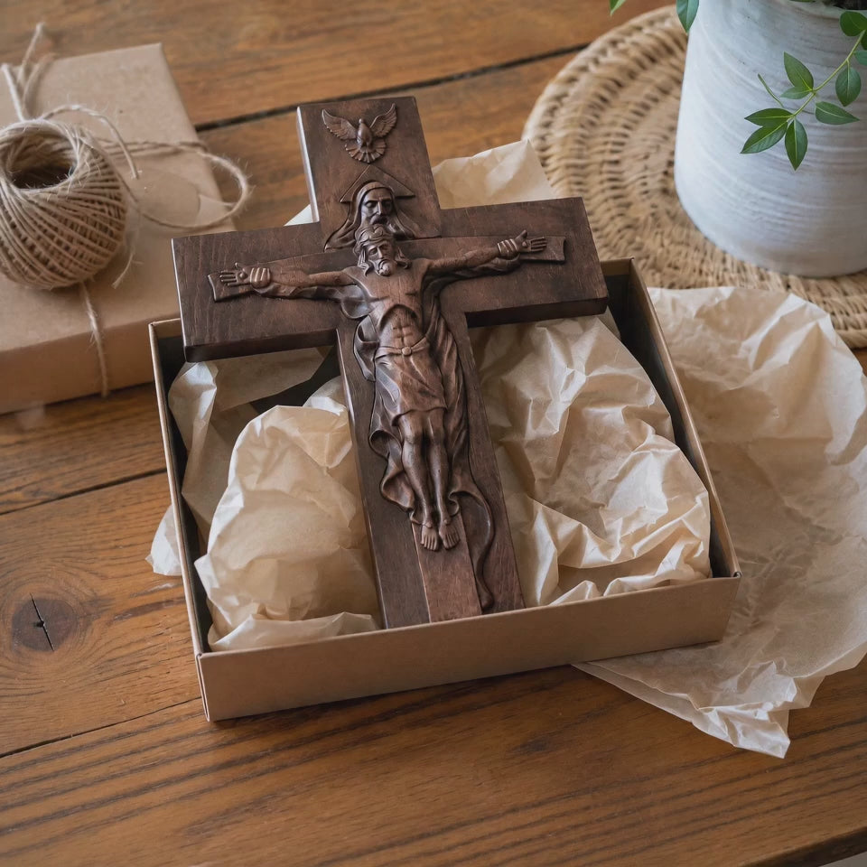 Hand-Carved Beechwood Holy Trinity Crucifix Wall Cross – Christian Home Prayer Decor - product video preview 3