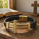 Wheat‑Textured Cross Titanium Steel Braided Leather Men’s Bracelet