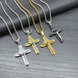 Crucifix Cross Necklace with Crystals, 316L Stainless Steel Religious Pendant for Men