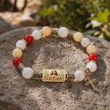 Chalcedony Cross Beaded Bracelet, Vintage Religious Printed Tube Bead Faith Jewelry for Women