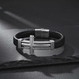 Wheat‑Textured Cross Titanium Steel Braided Leather Men’s Bracelet