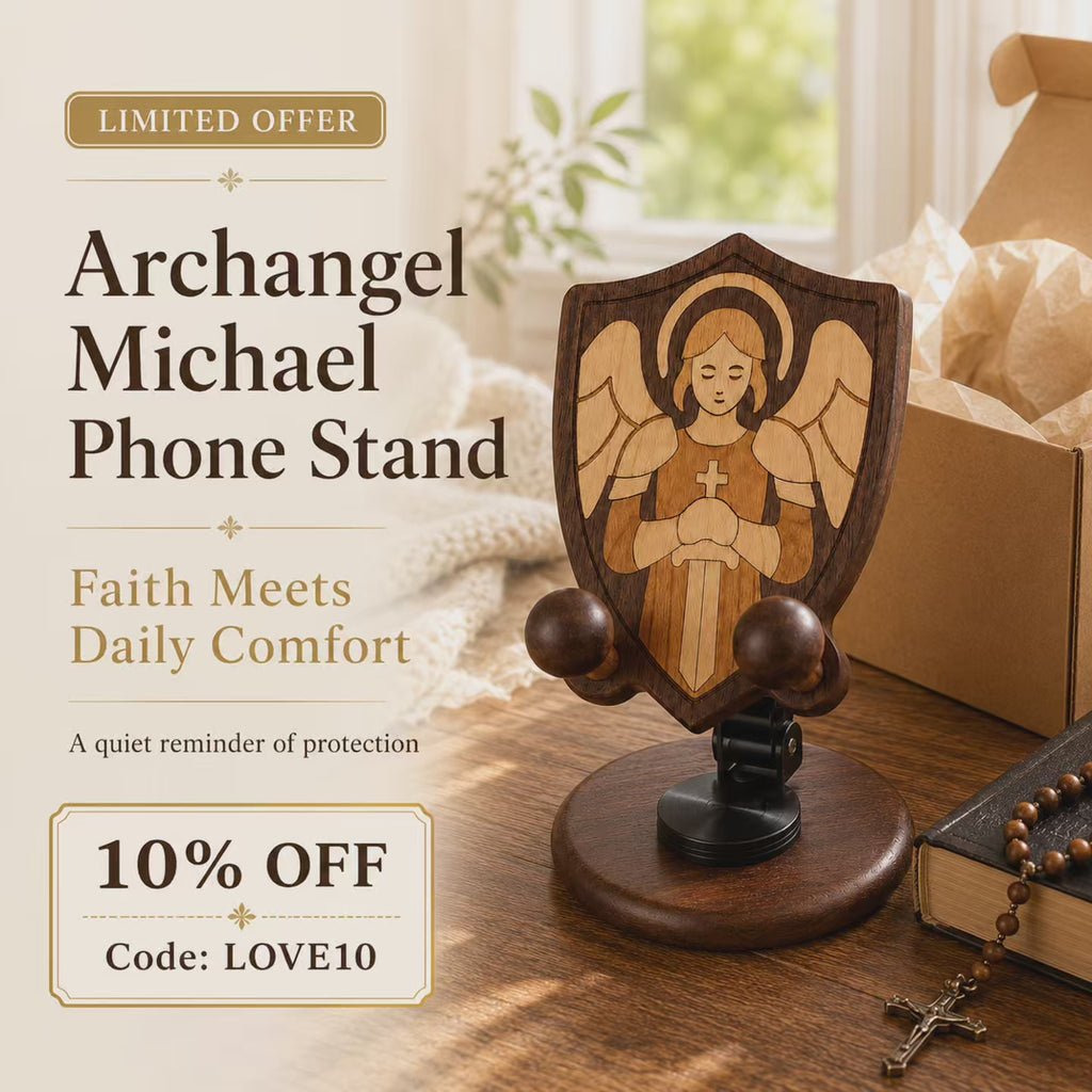 Black Walnut “Archangel Michael” Adjustable Phone Stand—A Faith-Inspired Wooden Desktop Stand - product video preview 1