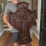 Hand-Carved Beechwood Archangel Michael Wall Cross – Quis Ut Deus Christian Home Decor