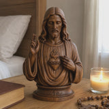 Hand-Carved Cypress Wood Sacred Heart of Jesus Statue – Christian Prayer & Home Devotional Decor