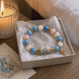 Chalcedony Cross Beaded Bracelet, Vintage Religious Printed Tube Bead Faith Jewelry for Women