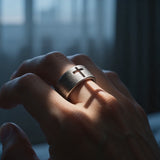 Vintage Antiqued Open-Band Cross Cutout Stainless Steel Ring