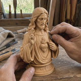 Hand-Carved Cypress Wood Sacred Heart of Jesus Statue – Christian Prayer & Home Devotional Decor