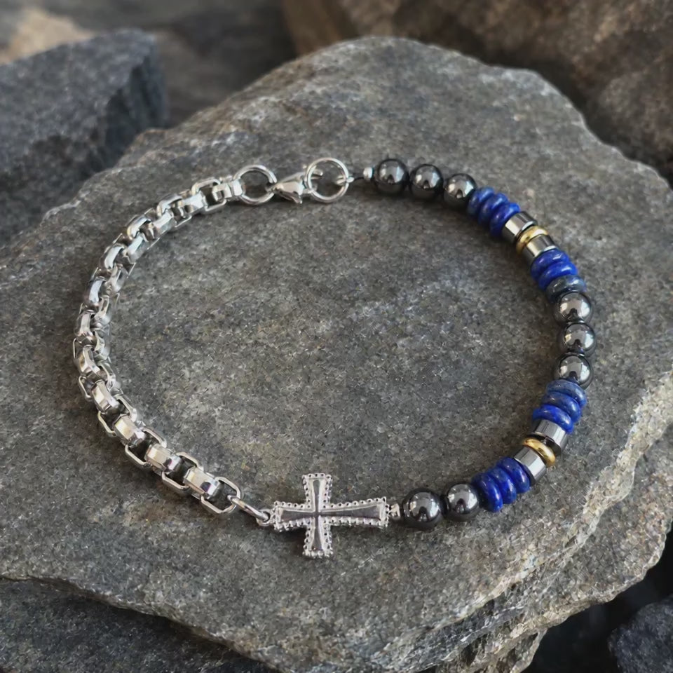 Cross Bracelet with Lapis Lazuli & Hematite — For Faith, Wisdom, and Steady Strength - product video preview 1