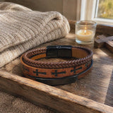 Multi‑Layer Braided Cross Printed Men Leather Bracelet, Vintage PU Leather Magnetic Clasp Religious Wrist Jewelry