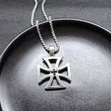 Men's Hollow Maltese Cross Stainless Steel Necklace, Vintage Knight Pendant Box Chain For Men