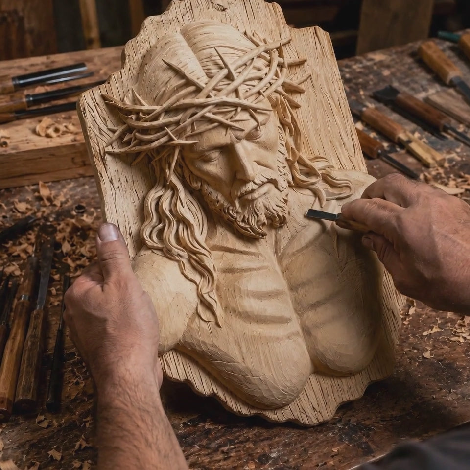 Jesus Crown of Thorns Beechwood Sculpture - product video preview 1