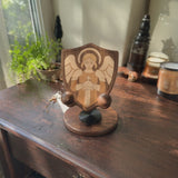 Black Walnut “Archangel Michael” Adjustable Phone Stand—A Faith-Inspired Wooden Desktop Stand
