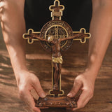 Hand-Carved Beechwood Saint Benedict Crucifix – Double-Sided Christian Standing Cross