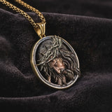 Vintage 3D Enamel Crown of Thorns Jesus Face Medallion Stainless Steel Necklace