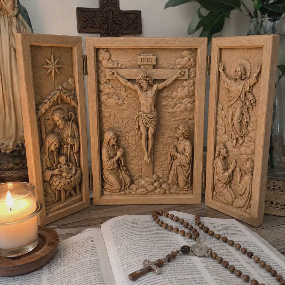 The Life of Christ Hand-Carved Beechwood Triptych – From Nativity to Resurrection Glory - product video preview 4