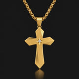 North Star Faceted Cross Necklace – Titanium Steel Christian Pendant with CZ, 24-Inch Chain