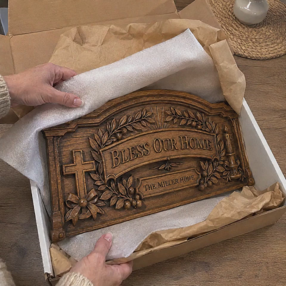 Personalized “Bless Our Home” Hand-Carved Beechwood Wall Plaque - product video preview 3