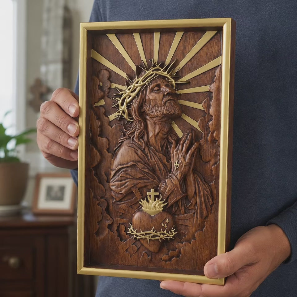 Hand-Carved Sacred Heart of Jesus Beechwood Wall Plaque – Catholic Prayer Corner Decor - product video preview 2
