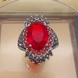 Vintage Thai Silver Large Gemstone Ring Red Pomegranate Jewelry Exaggerated Black Mine Ring
