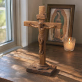 Hand-Carved Beechwood Crucifixion of Jesus Standing Cross – Christian Prayer & Home Altar Decor