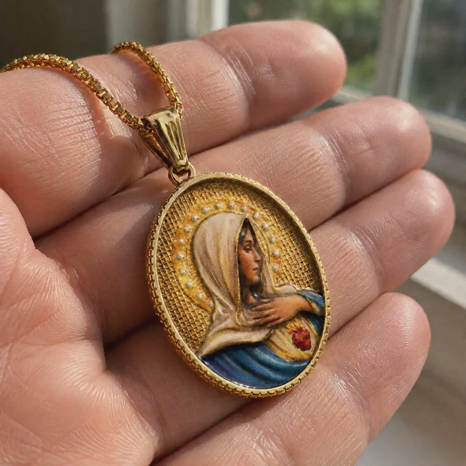 Enamel Immaculate Heart Virgin Mary Oval Gold Stainless Steel Necklace - product video preview 1