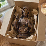 Hand-Carved Cypress Wood Sacred Heart of Jesus Statue – Christian Prayer & Home Devotional Decor