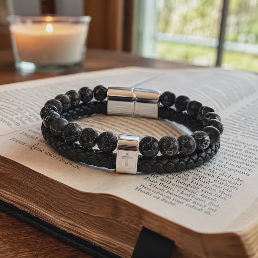 Dual Layer Braided Leather Cross Stainless Steel Men's Bracelet - product video preview 2