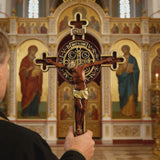 Hand-Carved Beechwood Saint Benedict Crucifix – Double-Sided Christian Standing Cross