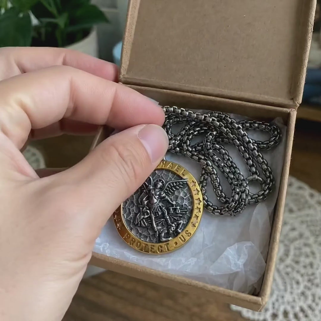 Two-Tone St. Michael Archangel Protection Medal Stainless Steel Necklace - product video preview 3