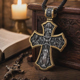 Holy Family of Mary Sacred Heart of Jesus IHS Double-Sided S925 Sterling Silver Cross