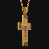 Multicolor Zircon Jesus Crucifix Gold‑Tone Stainless Steel Necklace