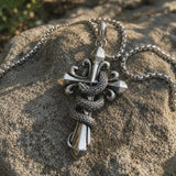 S925 Silver Serpent Cross Pendant Necklace with Green Gemstone
