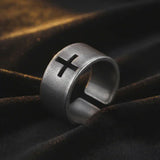 Vintage Antiqued Open-Band Cross Cutout Stainless Steel Ring