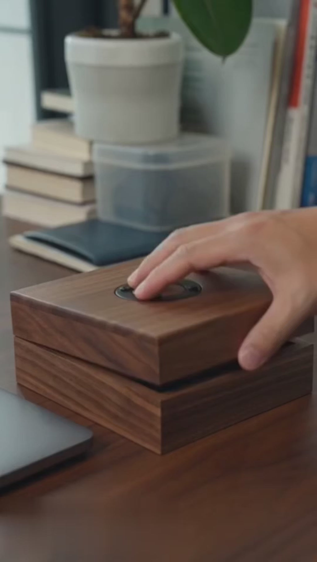 Black Walnut St. Benedict Cross Phone Stand—Foldable and Adjustable Christian Desktop Stand - product video preview 2