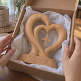 Handcrafted Beechwood Two Hearts One Covenant Cross Sculpture – Christian Wedding & Anniversary Gift