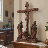 Hand-Carved Ash Wood Calvary Crucifix with Jesus, Mary, St. John & Mary Magdalene