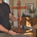Hand-Carved Beechwood Crucifixion of Jesus Standing Cross – Christian Prayer & Home Altar Decor