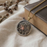 Vintage 3D Enamel Crown of Thorns Jesus Face Medallion Stainless Steel Necklace