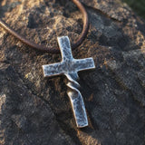 Hand Forged Steel Cross Pendant with Leather Cord – Rustic Christian Necklace for Men