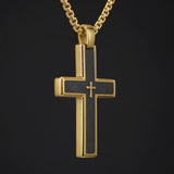 Two-Tone Bevel Edge Carbon Fiber Textured Inlaid Tiny Cross Stainless Steel Necklace