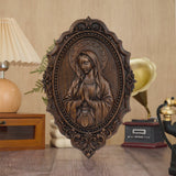 Hand-Carved Virgin Mary Prayer Wall Plaque – Ornate Beechwood Catholic Religious Decor,