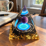 Amethyst & Obsidian Orgonite Pyramid – Sacred Geometry Crystal Decor