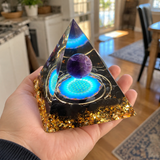 Amethyst & Obsidian Orgonite Pyramid – Sacred Geometry Crystal Decor