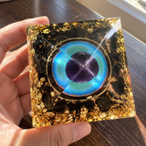 Amethyst & Obsidian Orgonite Pyramid – Sacred Geometry Crystal Decor