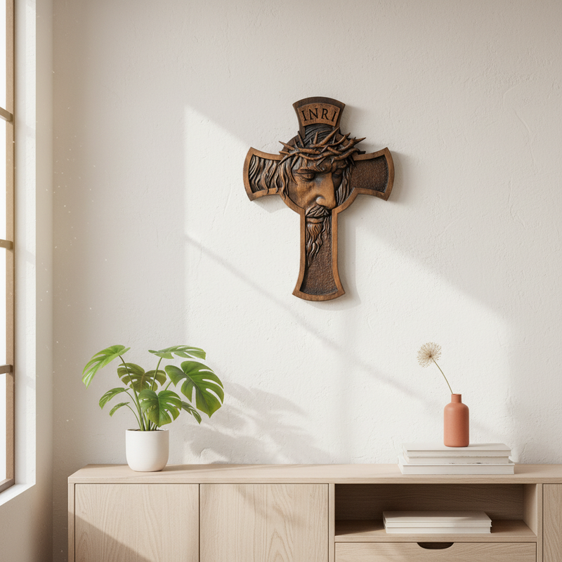 Sacred Thorn Crown Wooden Cross ️ | Hand-Carved Beechwood Crucifix with ...