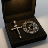 Jesus Crucifixion S925K Silver Crucifix Pendant- with 5mm Titanium Cuban Chain