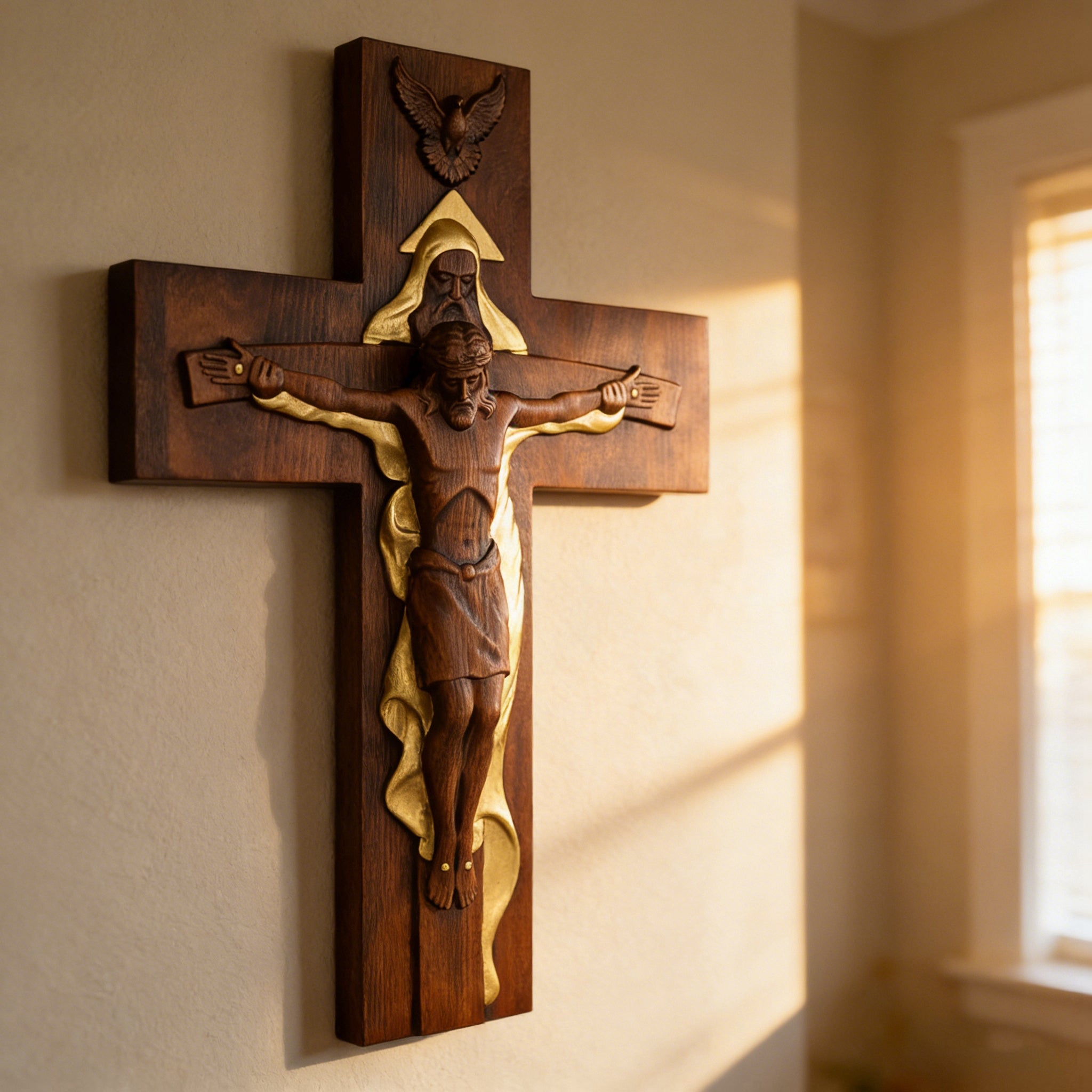 Hand-Carved Beechwood Holy Trinity Crucifix Wall Cross – Christian Home ...